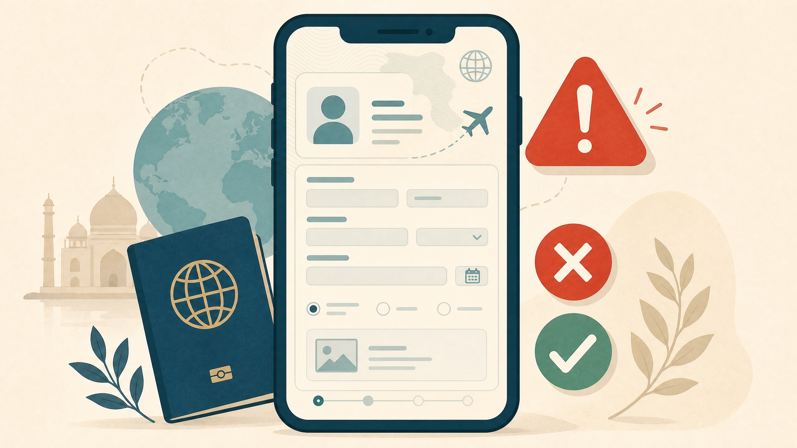 Illustration of a smartphone with an e-Visa form, a warning triangle and a red cross