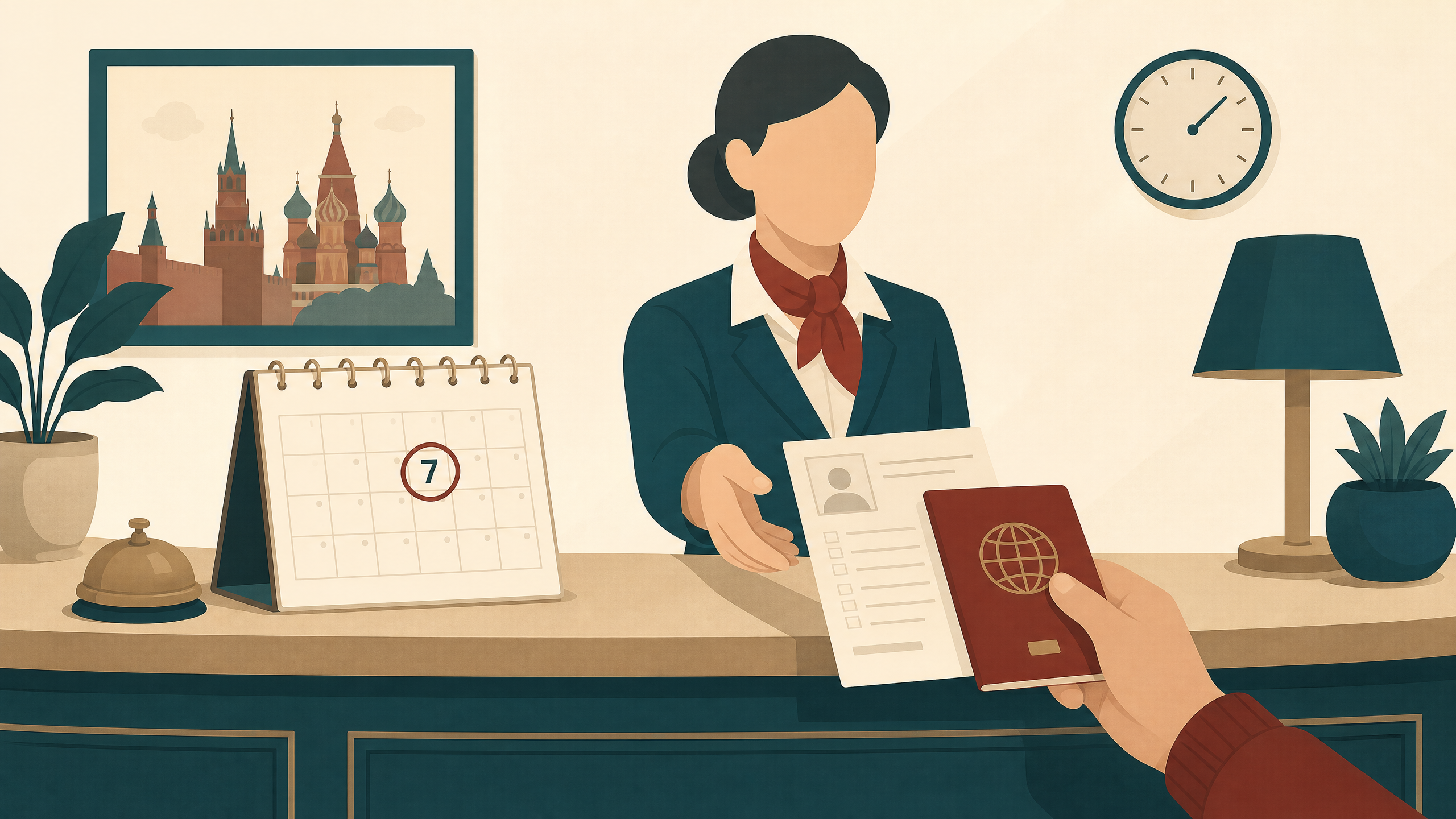 Illustration of a hotel reception desk with a calendar and a registration slip